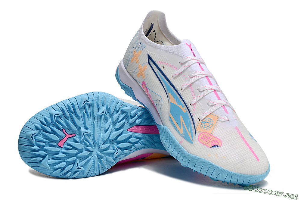Men's Puma Ultra 5 Ultimate TF Football Shoes - White/Blue/Pink/Yellow 3