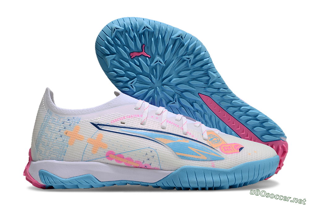 Men's Puma Ultra 5 Ultimate TF Football Shoes - White/Blue/Pink/Yellow 2