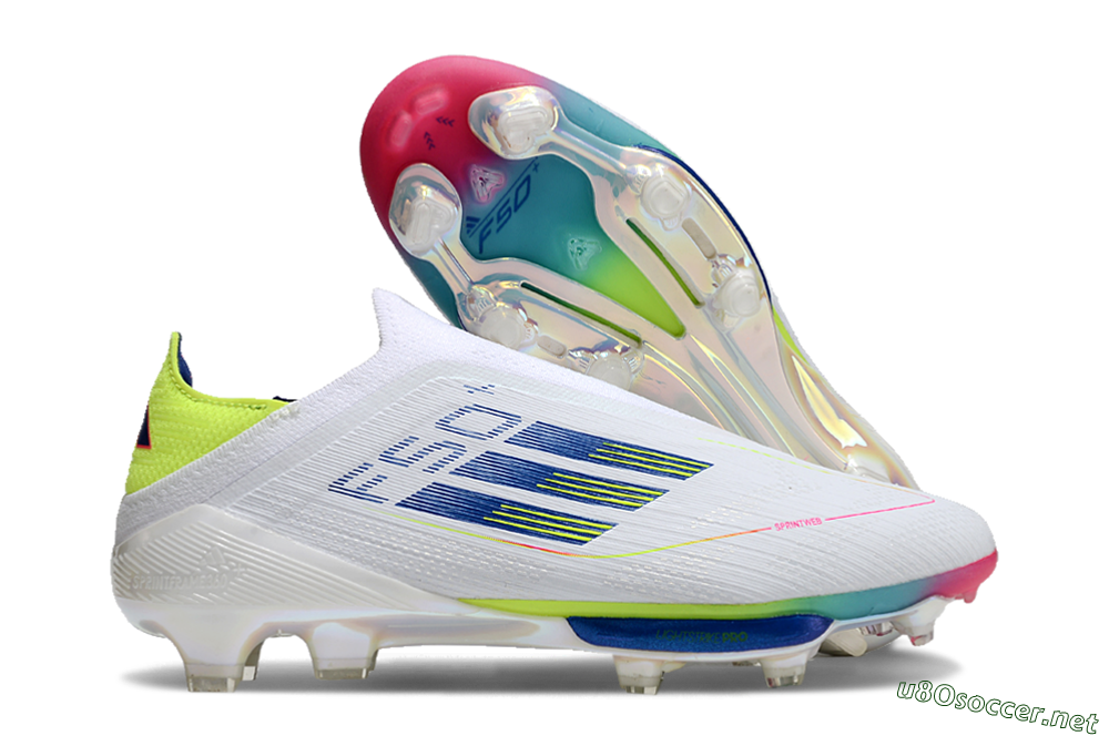 Unisex Adidas F50+ Lightstrike Pro Laceless FG Football Boots - White/Blue/Yellow/Pink 2