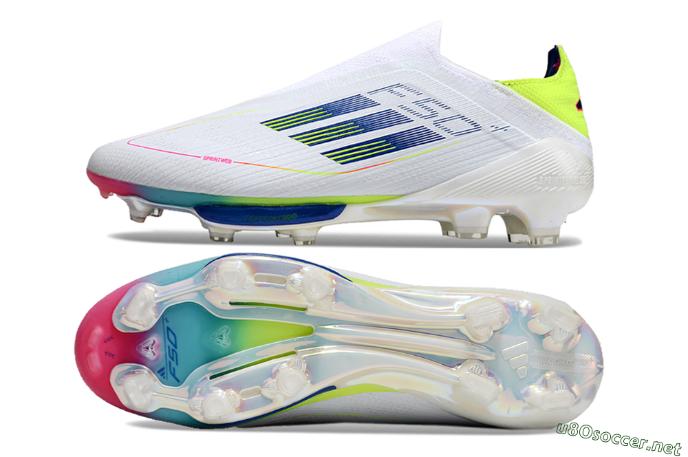 Unisex Adidas F50+ Lightstrike Pro Laceless FG Football Boots - White/Blue/Yellow/Pink 1