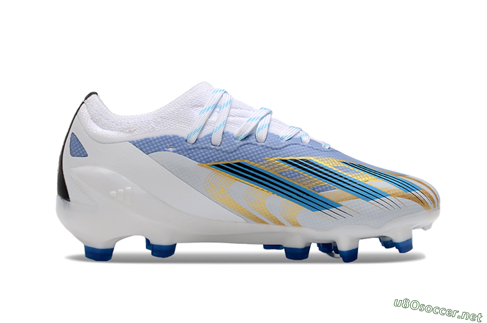 Kids Adidas X Speedportal.1 FG Football Boots - White/Blue/Gold 7