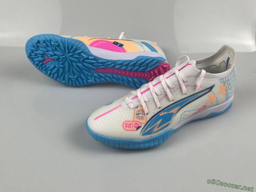 Men's Puma Ultra 5 Ultimate TF Football Shoes - White/Blue/Pink/Yellow