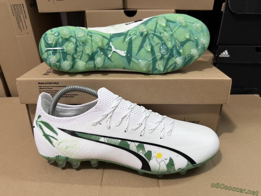 Men's Puma Ultra Ultimate FG Football Boots - White/Black/Green