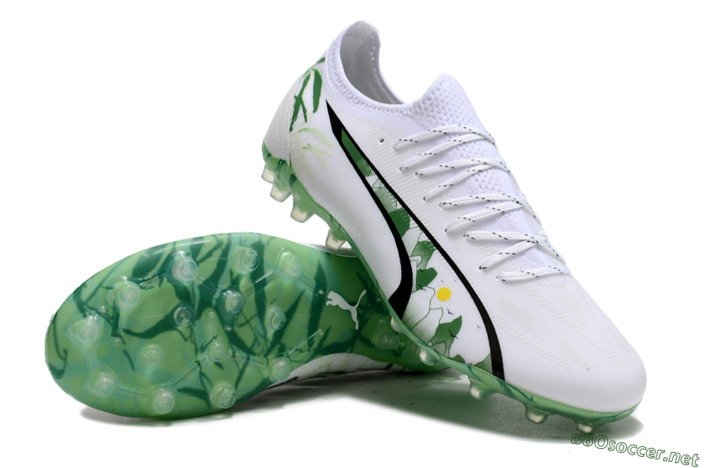 Men's Puma Ultra Ultimate MG Football Boots - White/Black/Green 3