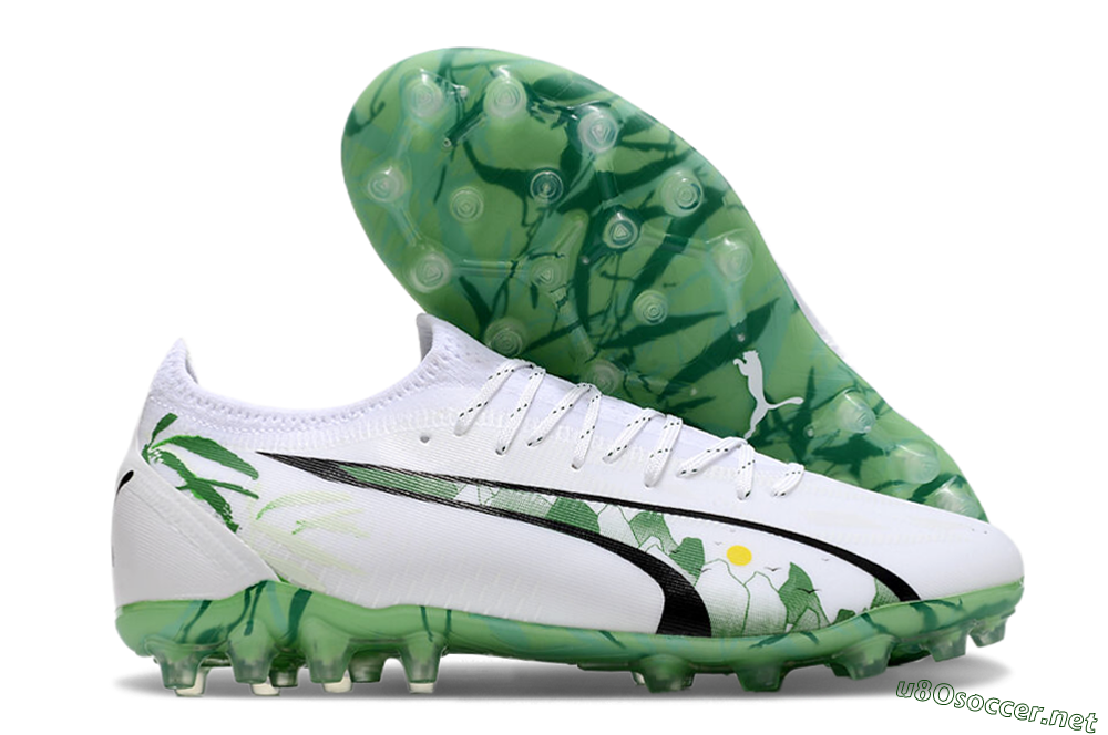 Men's Puma Ultra Ultimate MG Football Boots - White/Black/Green 2