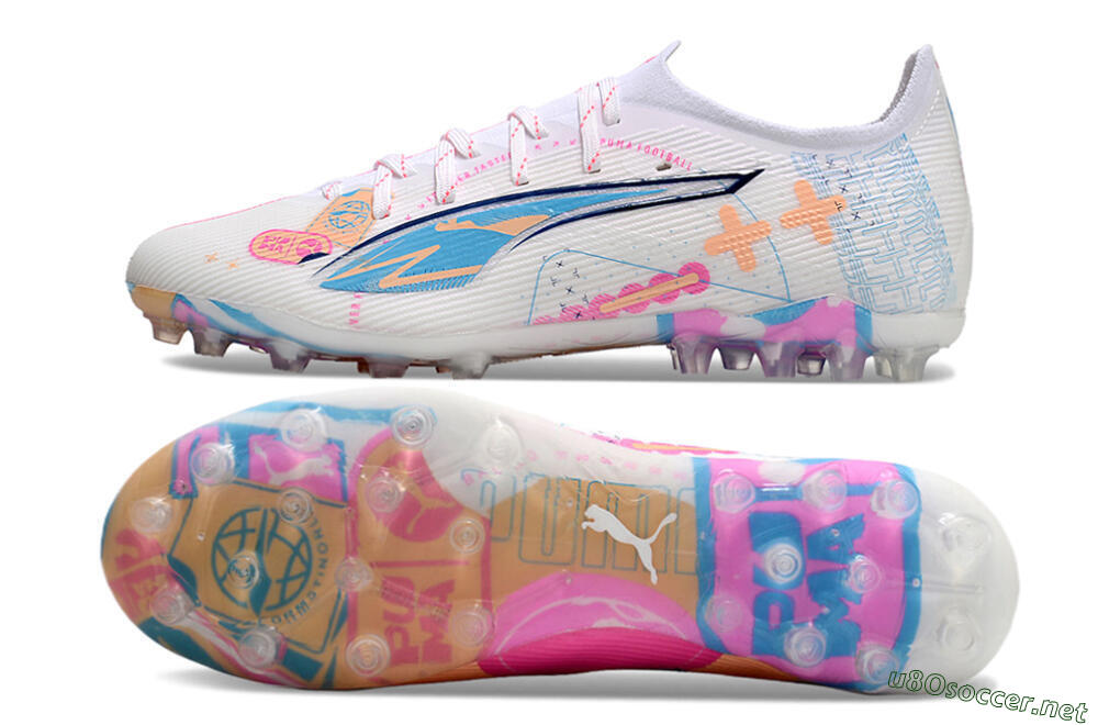 Men's Puma Ultra 5 Ultimate MG Football Boots - White/Blue/Pink 7