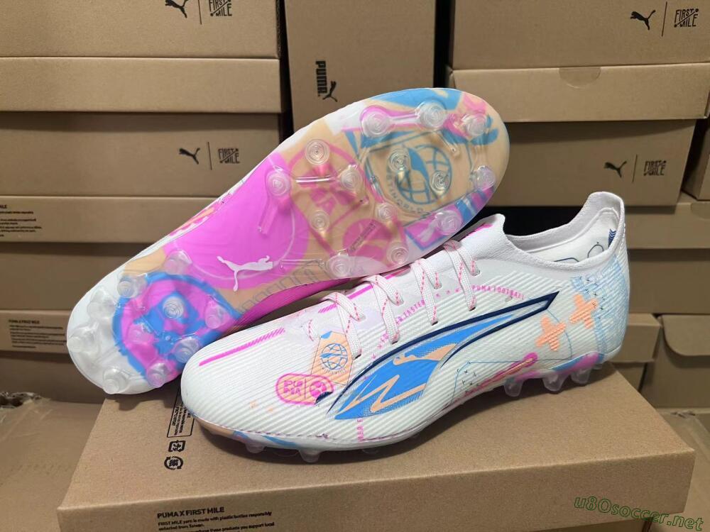 Men's Puma Ultra 5 Ultimate MG Football Boots - White/Blue/Pink