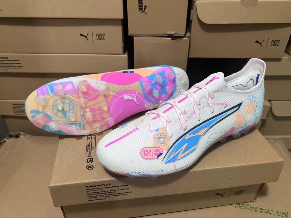 Men's Puma Ultra 5 Ultimate MG Football Boots - White/Blue/Pink