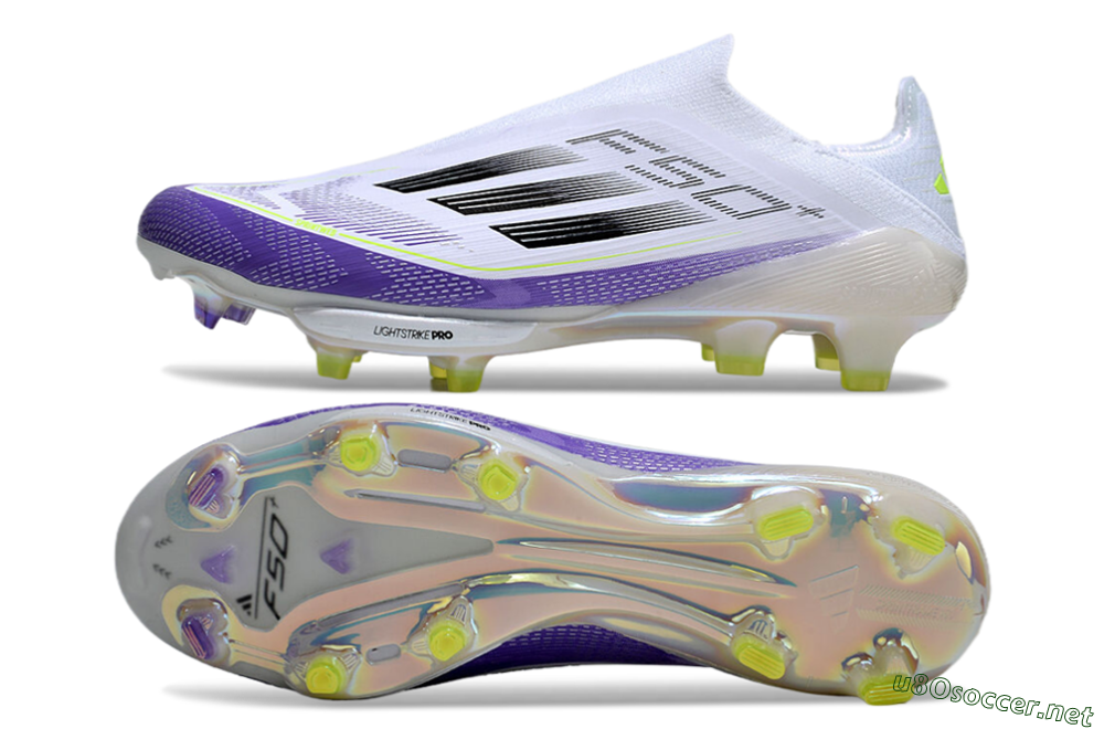 Men's Adidas F50+ Elite Lightstrike Pro Laceless FG Football Boots - White/Purple/Black 1