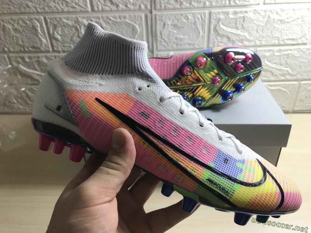 Unisex Nike Mercurial Superfly 8 Elite AG Football Boots - White/Pink/Blue/Yellow