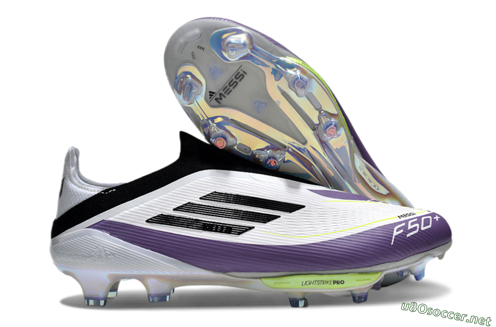 Men's Adidas F50+ Elite Lightstrike Pro Laceless FG Football Boots - White/Black/Purple 2
