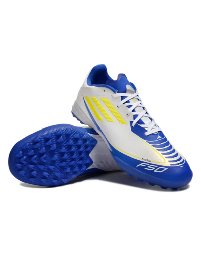Unisex Messi x Adidas F50 Pro TF Football Shoes - White/Yellow/Blue