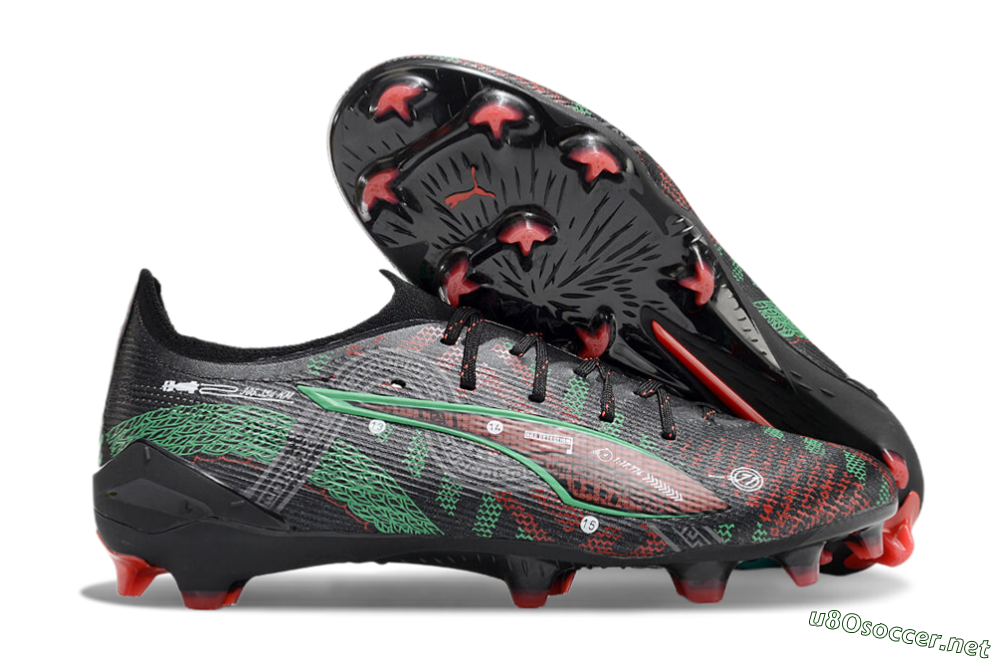 Men's Puma Ultra Ultimate FG Football Boots - Black/Red/Green 2