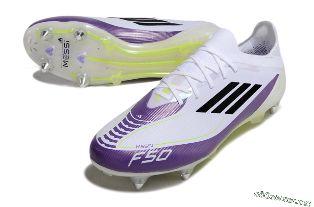 Men's Messi x Adidas F50 Elite SG Football Boots - White/Black/Purple 3