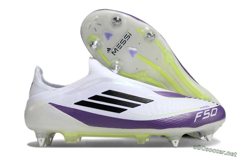 Men's Messi x Adidas F50 Elite Laceless SG Football Boots - White/Black/Purple 2