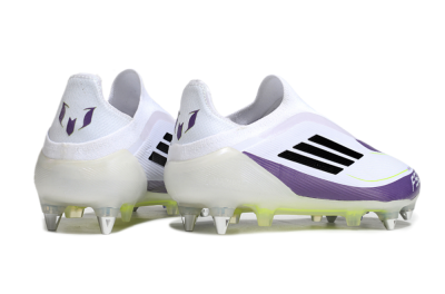 Men's Messi x Adidas F50 Elite Laceless SG Football Boots - White/Black/Purple