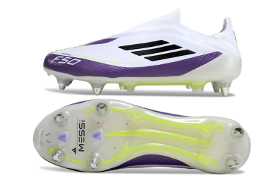 Men's Messi x Adidas F50 Elite Laceless SG Football Boots - White/Black/Purple