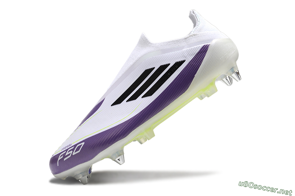 Men's Messi x Adidas F50 Elite Laceless SG Football Boots - White/Black/Purple 5