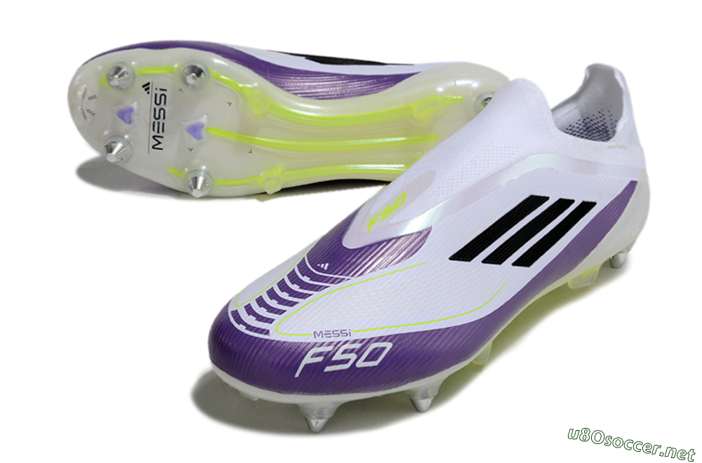 Men's Messi x Adidas F50 Elite Laceless SG Football Boots - White/Black/Purple 3