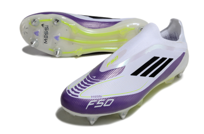 Men's Messi x Adidas F50 Elite Laceless SG Football Boots - White/Black/Purple