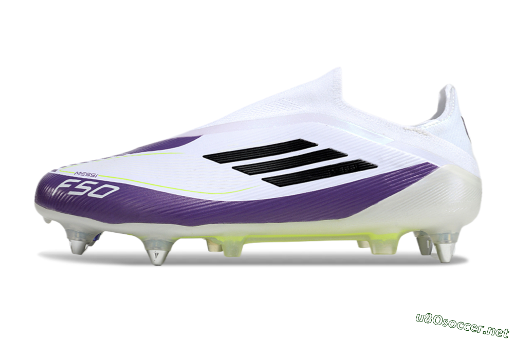 Men's Messi x Adidas F50 Elite Laceless SG Football Boots - White/Black/Purple 0