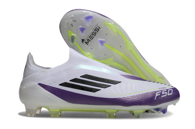 Men's Messi x Adidas F50 Elite Laceless FG Football Boots - White/Black/Purple