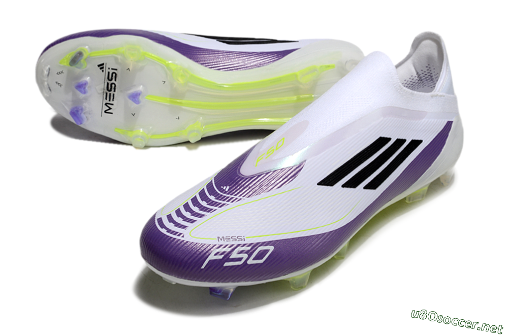 Men's Messi x Adidas F50 Elite Laceless FG Football Boots - White/Black/Purple 3