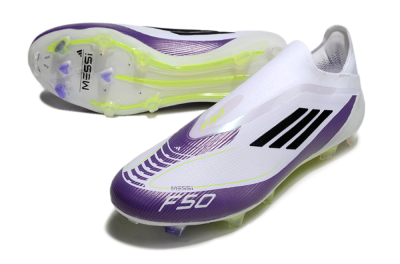 Men's Messi x Adidas F50 Elite Laceless FG Football Boots - White/Black/Purple