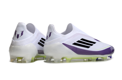Men's Messi x Adidas F50 Elite Laceless FG Football Boots - White/Black/Purple
