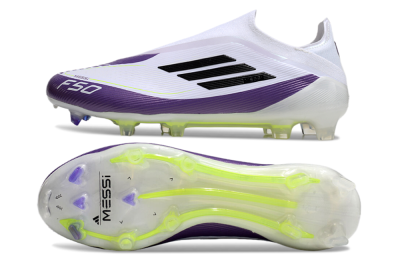Men's Messi x Adidas F50 Elite Laceless FG Football Boots - White/Black/Purple