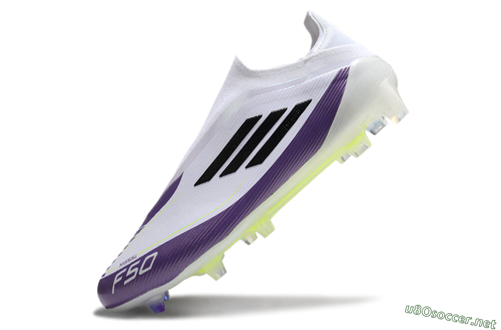 Men's Messi x Adidas F50 Elite Laceless FG Football Boots - White/Black/Purple 5