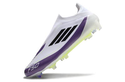 Men's Messi x Adidas F50 Elite Laceless FG Football Boots - White/Black/Purple
