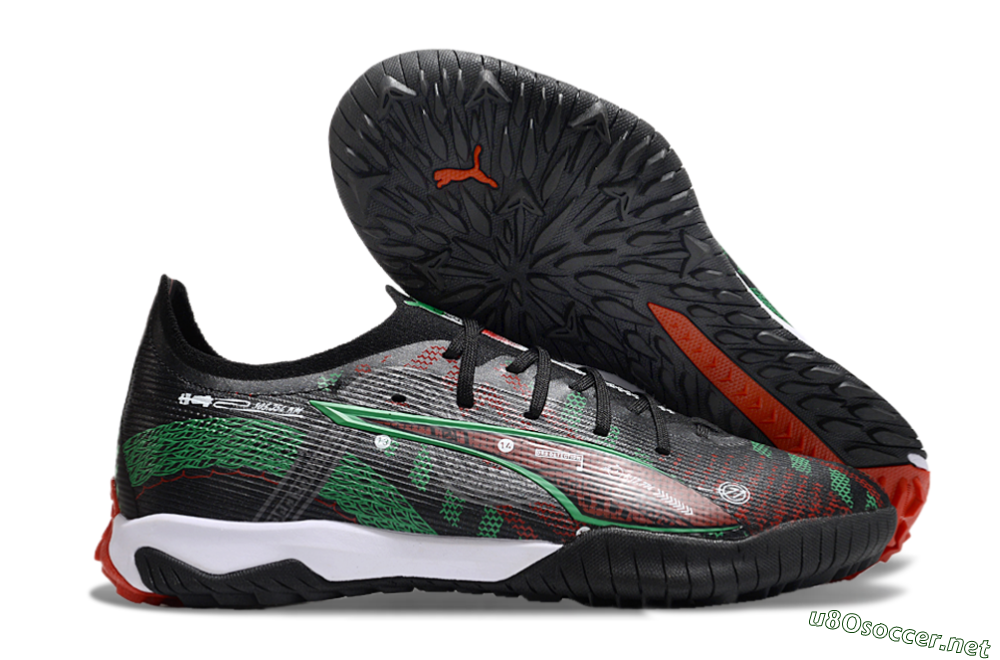 Men's Puma Ultra Ultimate TF Football Shoes - Black/Red/Green 2