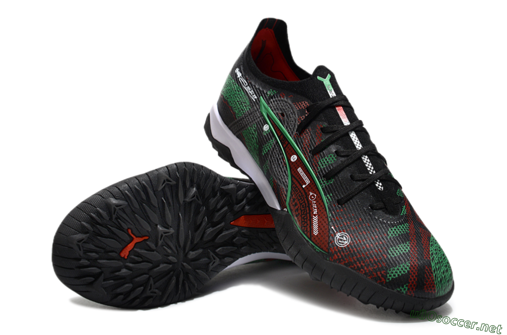 Men's Puma Ultra Ultimate TF Football Shoes - Black/Red/Green 3