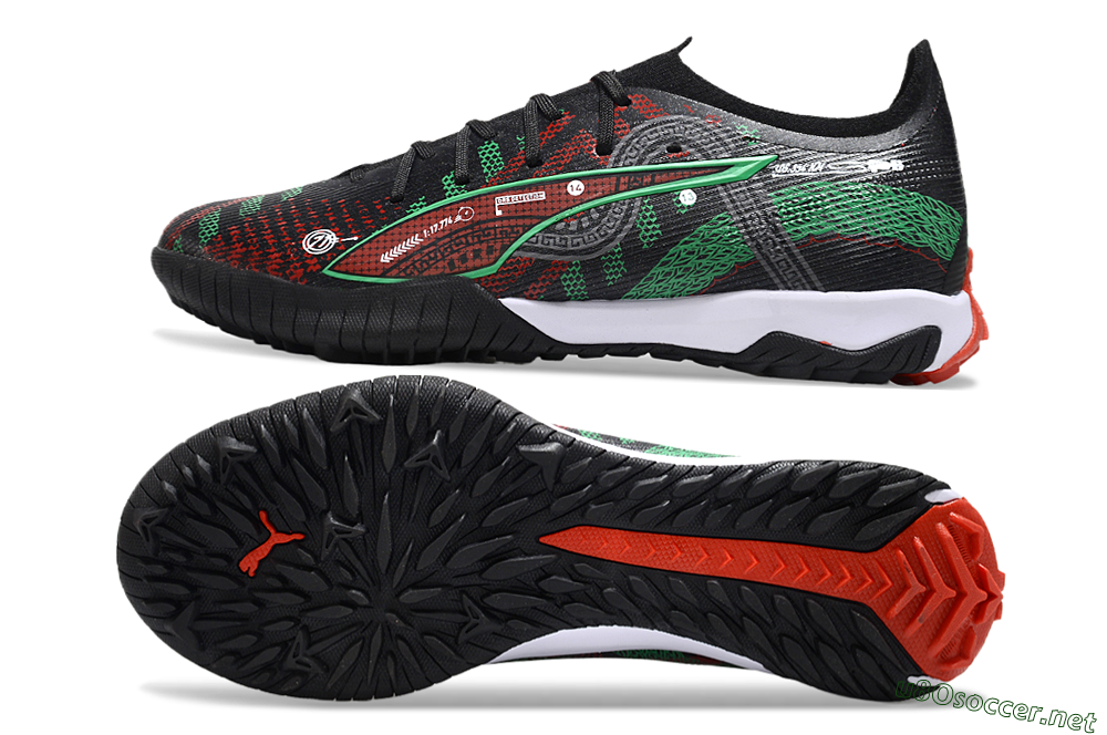 Men's Puma Ultra Ultimate TF Football Shoes - Black/Red/Green 1