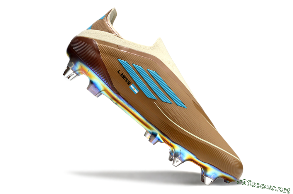 Men's Messi x Adidas F50 Elite Laceless Benito SG Football Boots - Brown/White/Blue 4