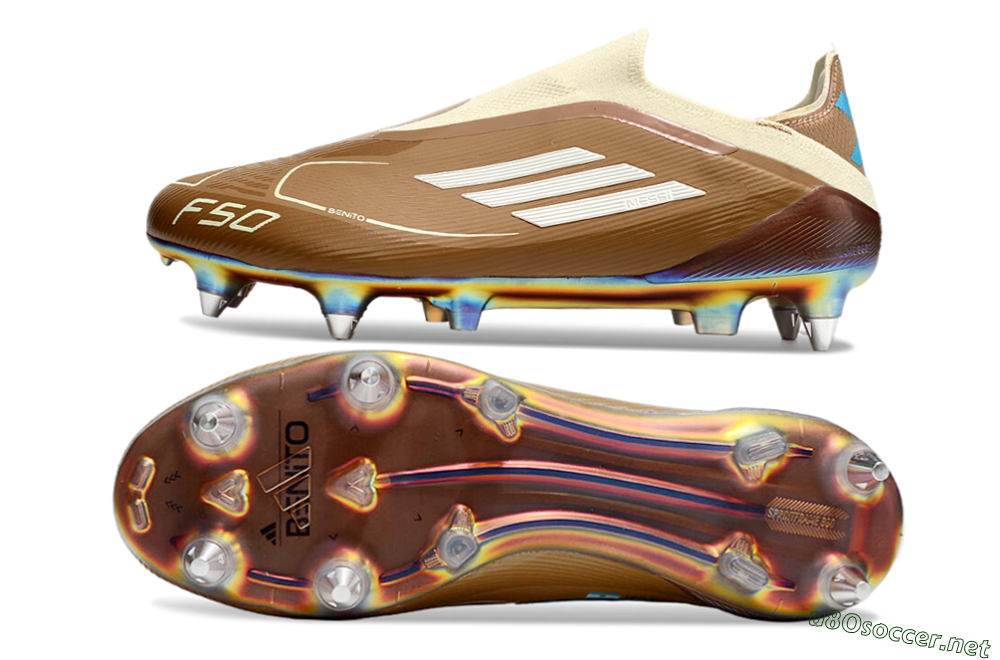 Men's Messi x Adidas F50 Elite Laceless Benito SG Football Boots - Brown/White/Blue 1