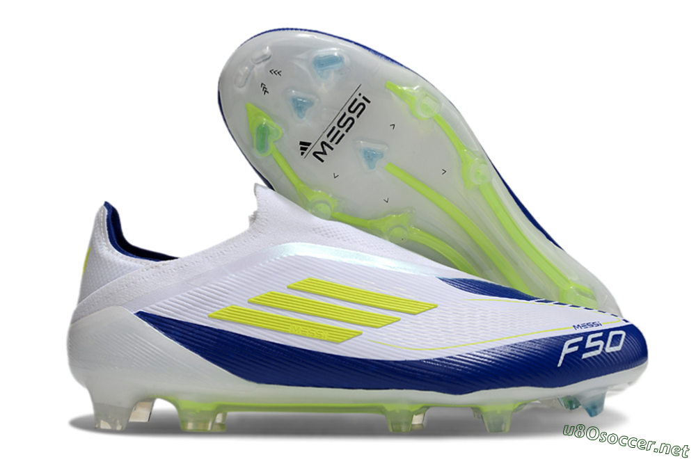 Men's Messi x Adidas F50 Elite Laceless FG Football Boots - White/Blue/Yellow 2