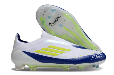 Men's Messi x Adidas F50 Elite Laceless FG Football Boots - White/Blue/Yellow