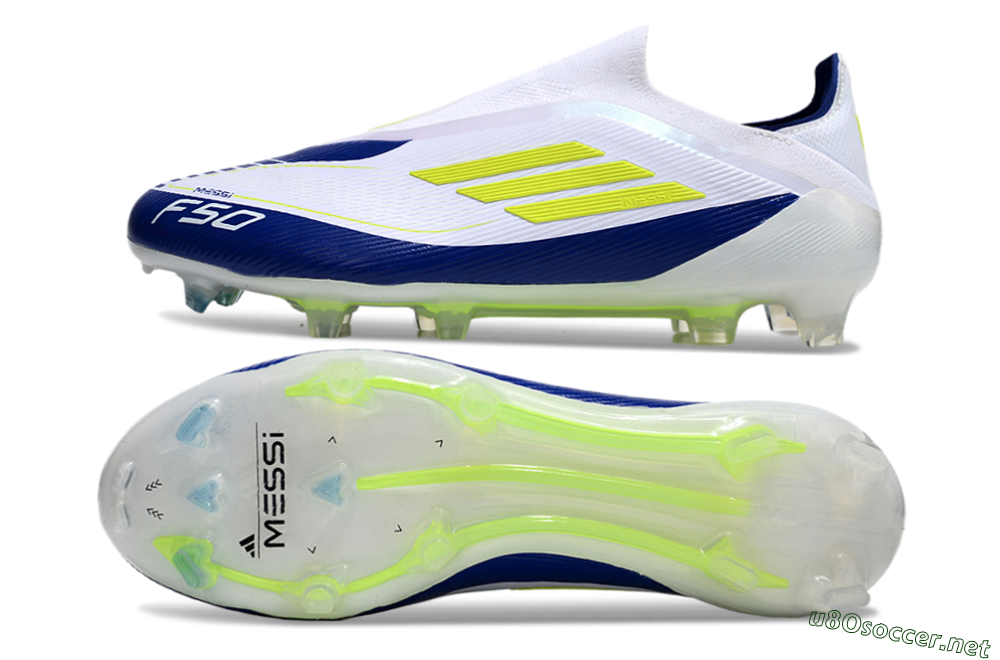Men's Messi x Adidas F50 Elite Laceless FG Football Boots - White/Blue/Yellow 1