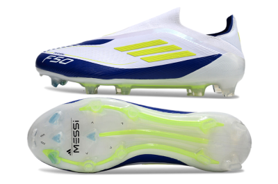 Men's Messi x Adidas F50 Elite Laceless FG Football Boots - White/Blue/Yellow