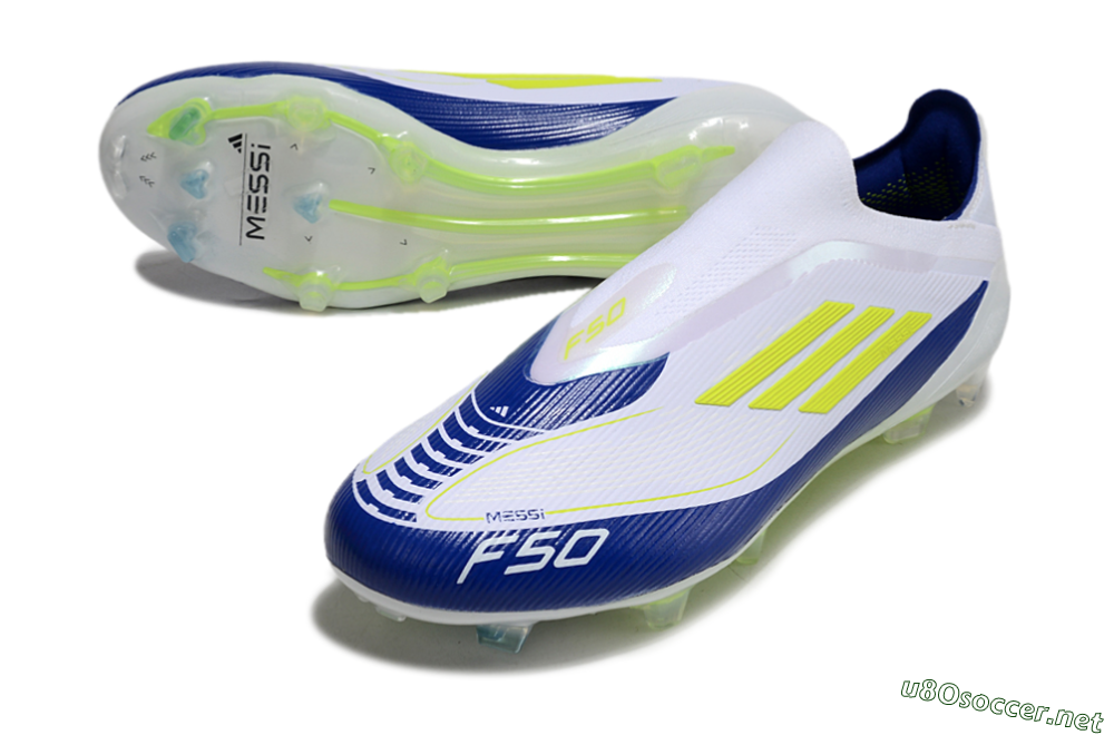 Men's Messi x Adidas F50 Elite Laceless FG Football Boots - White/Blue/Yellow 3