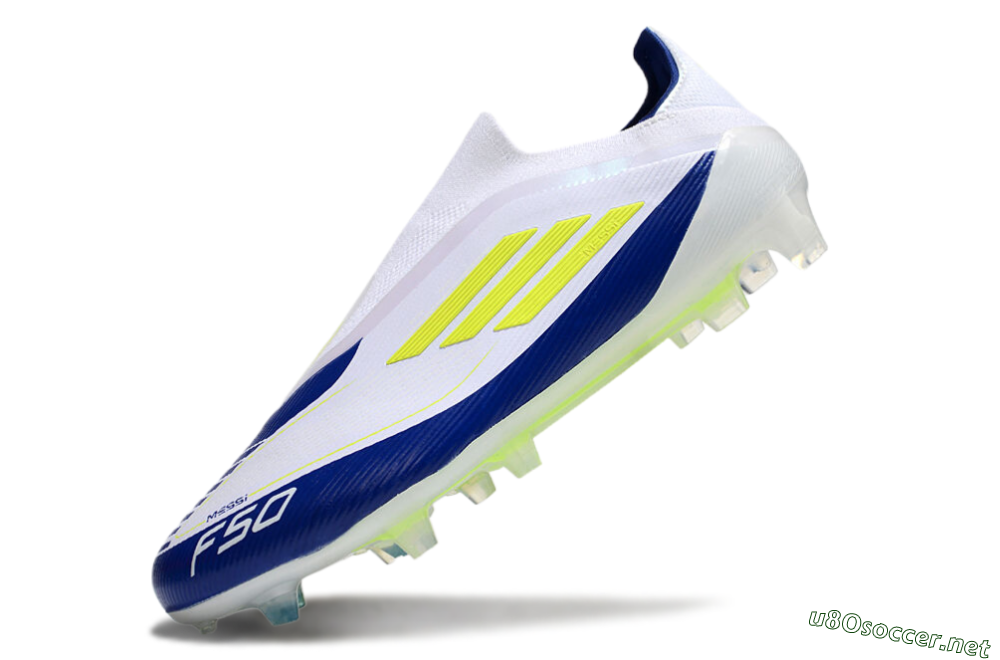 Men's Messi x Adidas F50 Elite Laceless FG Football Boots - White/Blue/Yellow 5