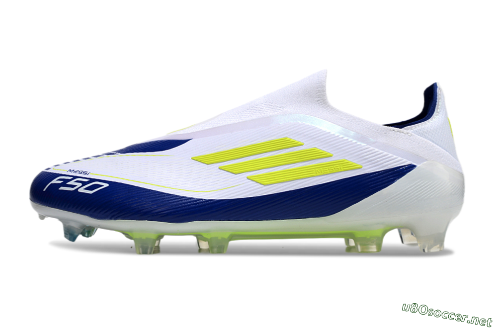 Men's Messi x Adidas F50 Elite Laceless FG Football Boots - White/Blue/Yellow 0