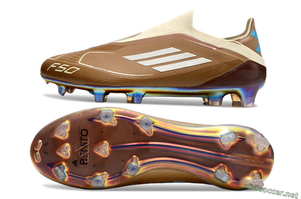 Men's Messi x Adidas F50 Elite Laceless Benito FG Football Boots - Brown/White/Blue 1