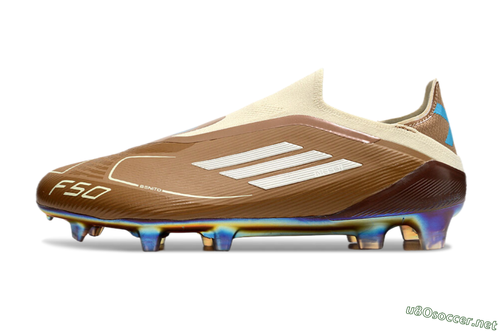 Men's Messi x Adidas F50 Elite Laceless Benito FG Football Boots - Brown/White/Blue 0