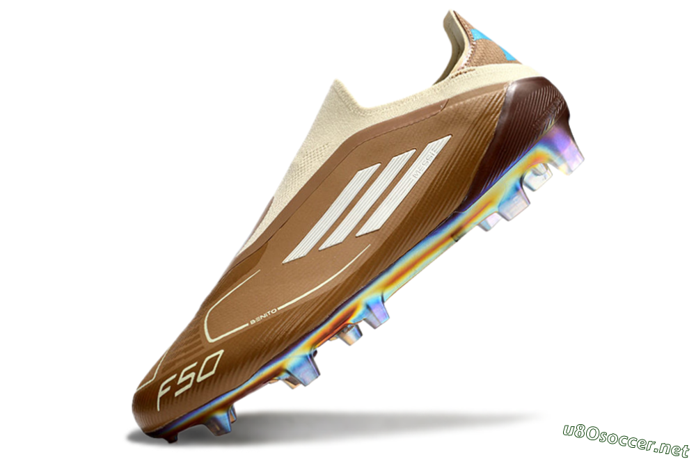 Men's Messi x Adidas F50 Elite Laceless Benito FG Football Boots - Brown/White/Blue 5