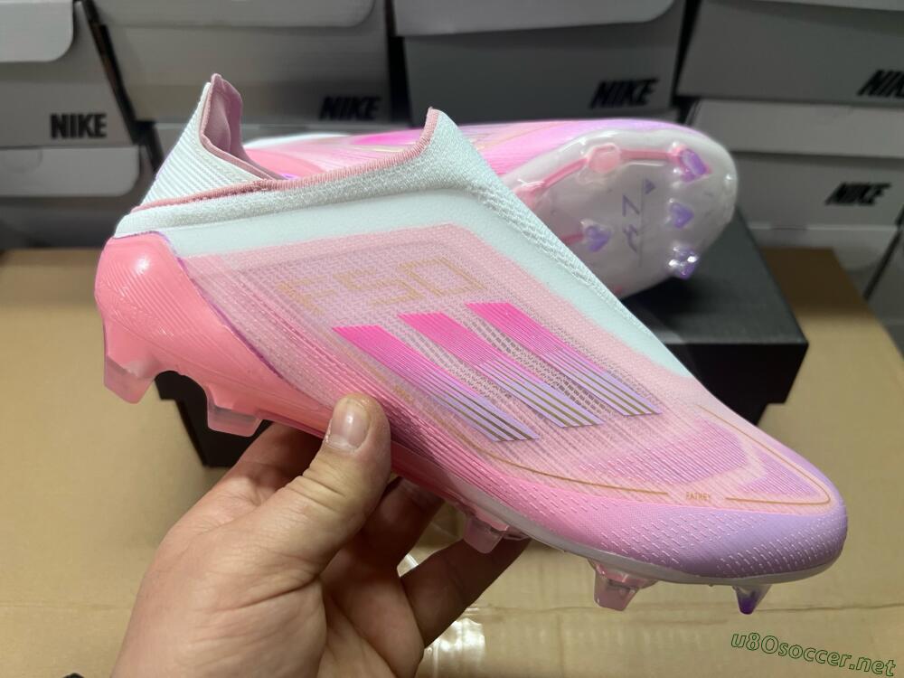 Men's Adidas F50 Elite Laceless FG Football Boots - White/Pink/Gold