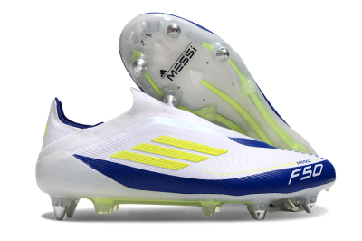 Men's Adidas F50 Elite Laceless SG Football Boots - White/Blue/Yellow
