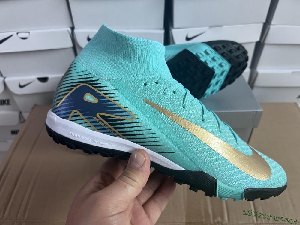 Unisex Nike Air Zoom Mercurial Superfly 10 Elite TF Football Shoes - Jade/Gold/Blue
